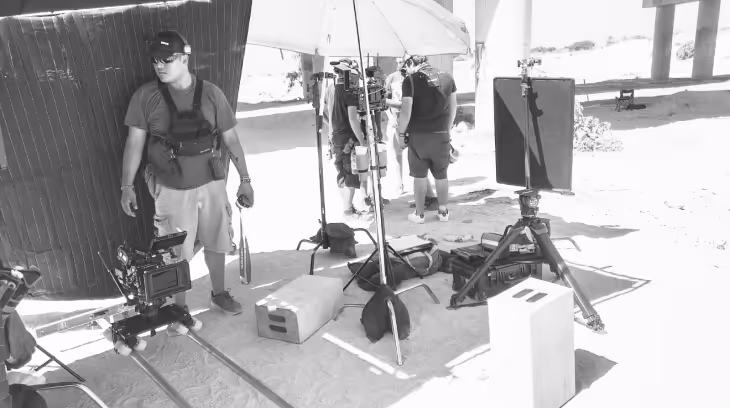Man standing behind the scenes of a movie shoot